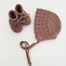 Load image into Gallery viewer, chocolate-knitted-baby-booties-and-bonnet