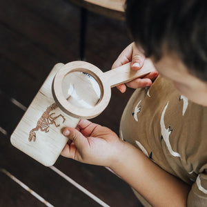 boy-using-wooden-magnifying-glass-to-look-at-a-dinosaur-skeleton