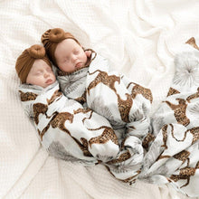 Load image into Gallery viewer, twin-newborns-in-headwraps-and-swaddles